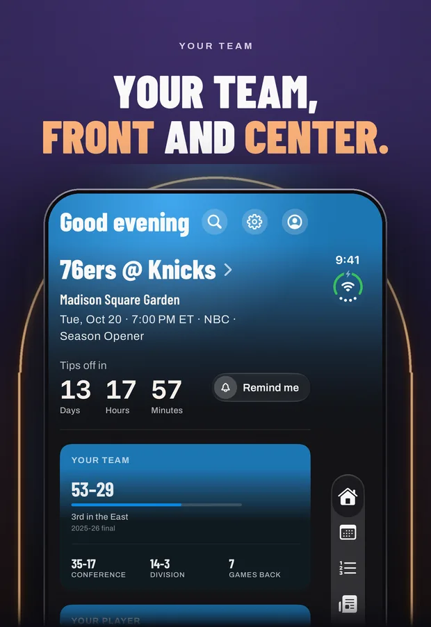 Hoopster's Home screen on the folded iPhone Duo's cover screen: Knicks colors, the next game and a countdown to tip-off