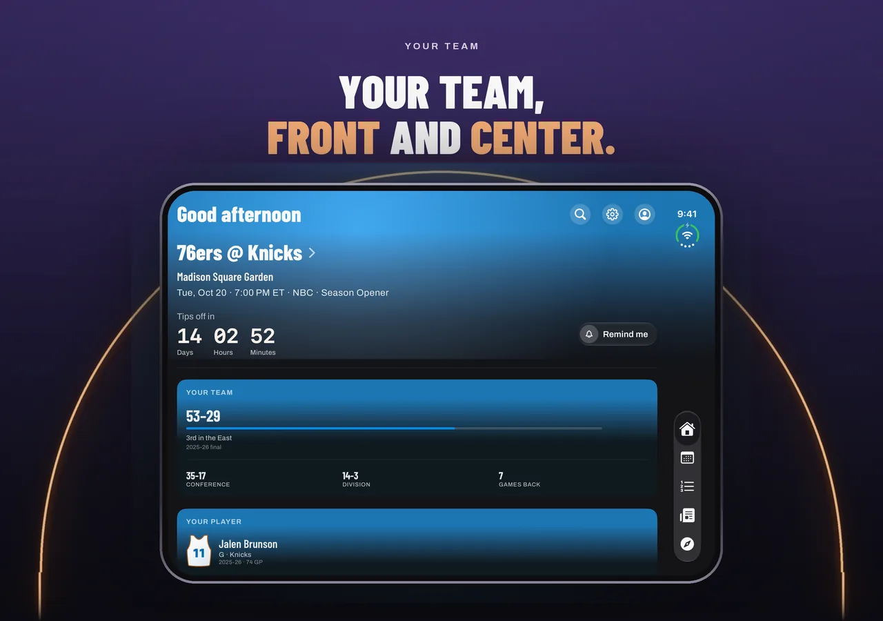Hoopster's Home screen on the unfolded iPhone Duo: 76ers at Knicks on opening night, the Knicks' 53-29 record and Jalen Brunson's card, full width