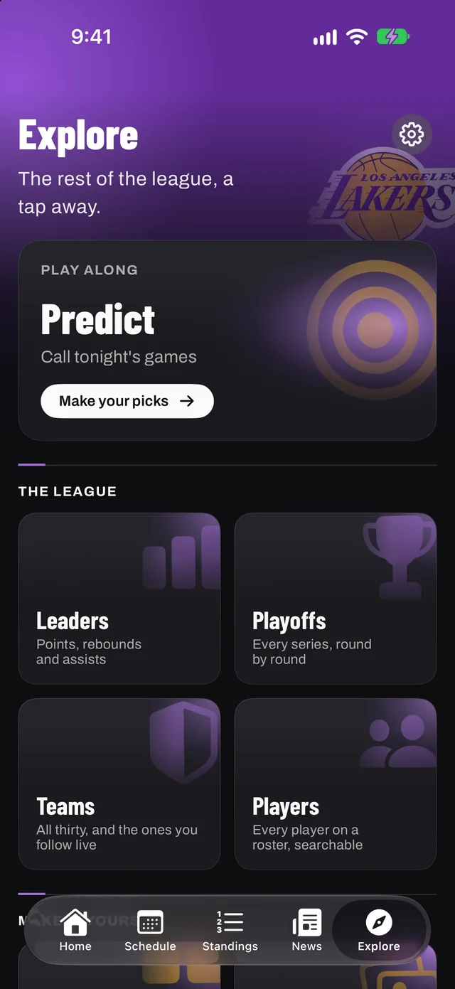 Hoopster Explore tab with Predict: call tonight's games