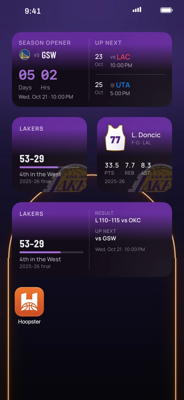 Widgets de Hoopster en la pantalla de inicio de un iPhone: cuenta atrás del próximo partido, Mi equipo y Mi jugador