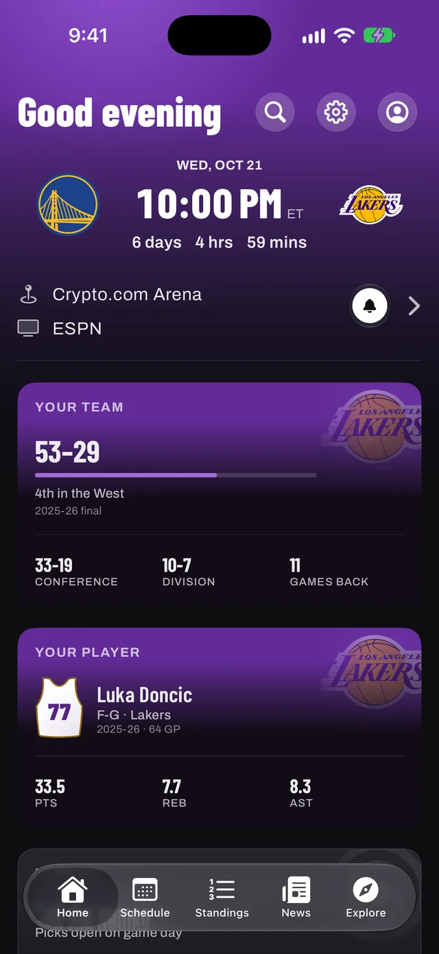 Hoopster Home screen with a countdown to your team's next tip-off