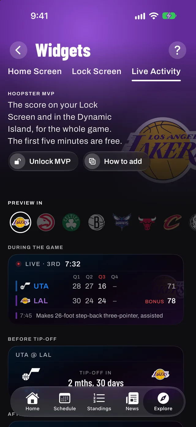Hoopster's Live Activity preview: live score, quarters and the latest play
