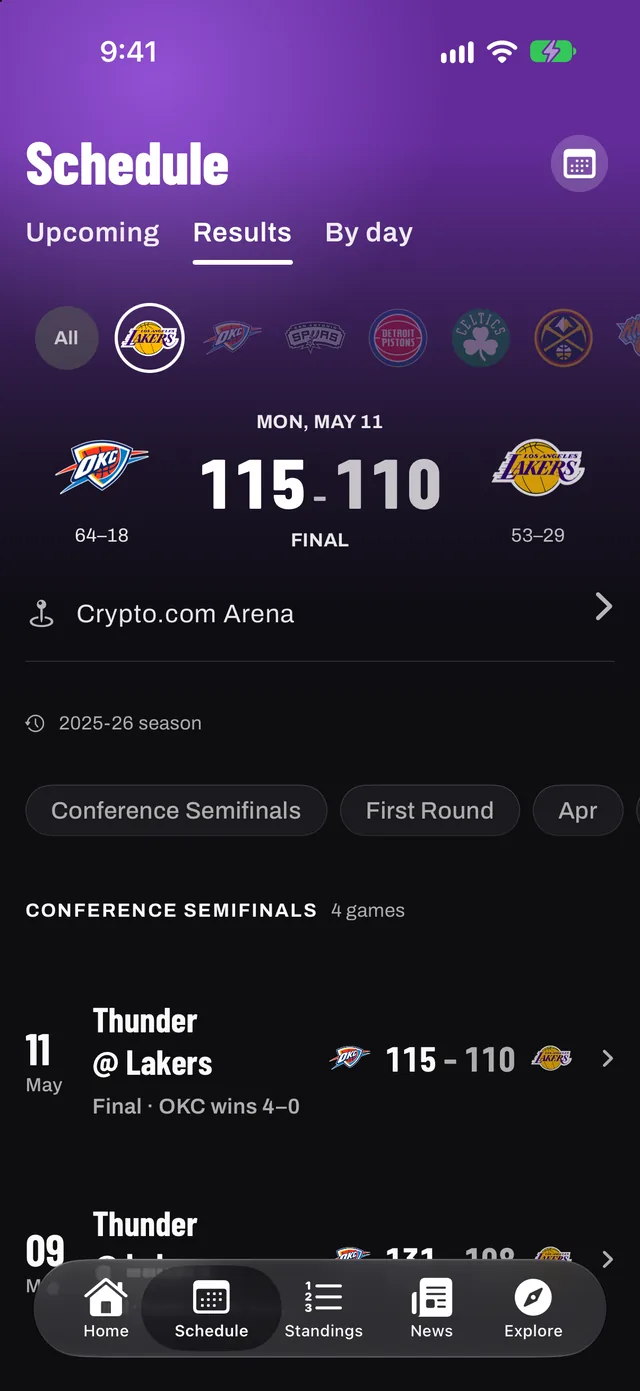 Pantalla de resultados con las Finales de la temporada pasada y filtros por equipo