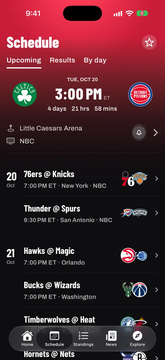 Pantalla de próximos partidos con el calendario de la semana de la NBA