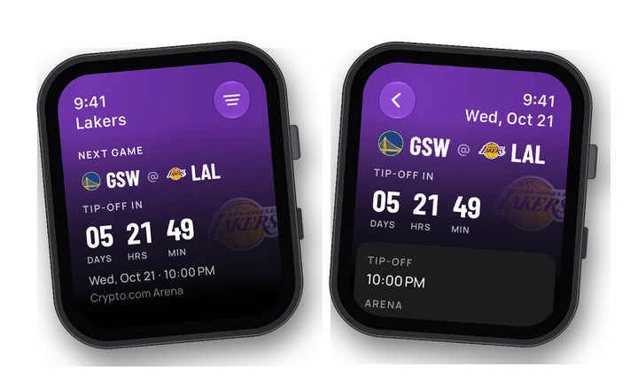 Hoopster en el Apple Watch con los logos de los equipos: la cuenta atrás del Warriors @ Lakers y la tarjeta del partido