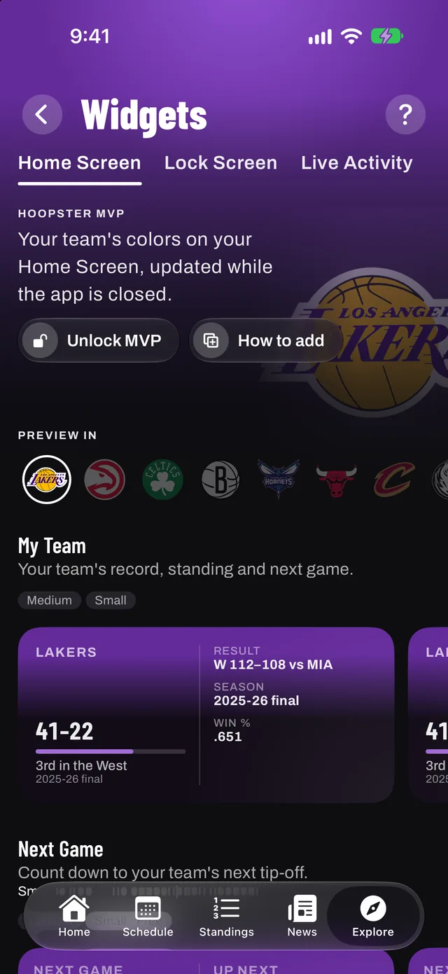 Galería de widgets de Hoopster: Próximo partido, Esta noche, Mi equipo y Mi jugador en todos los tamaños